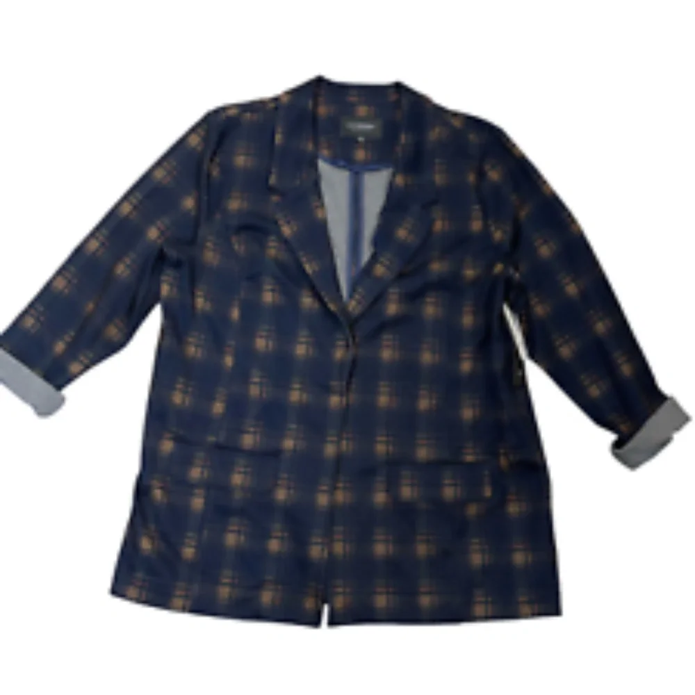 Liverpool Blazer Women 1X Navy Brown Tartan Plaid Relaxed Boyfriend Flap Pockets